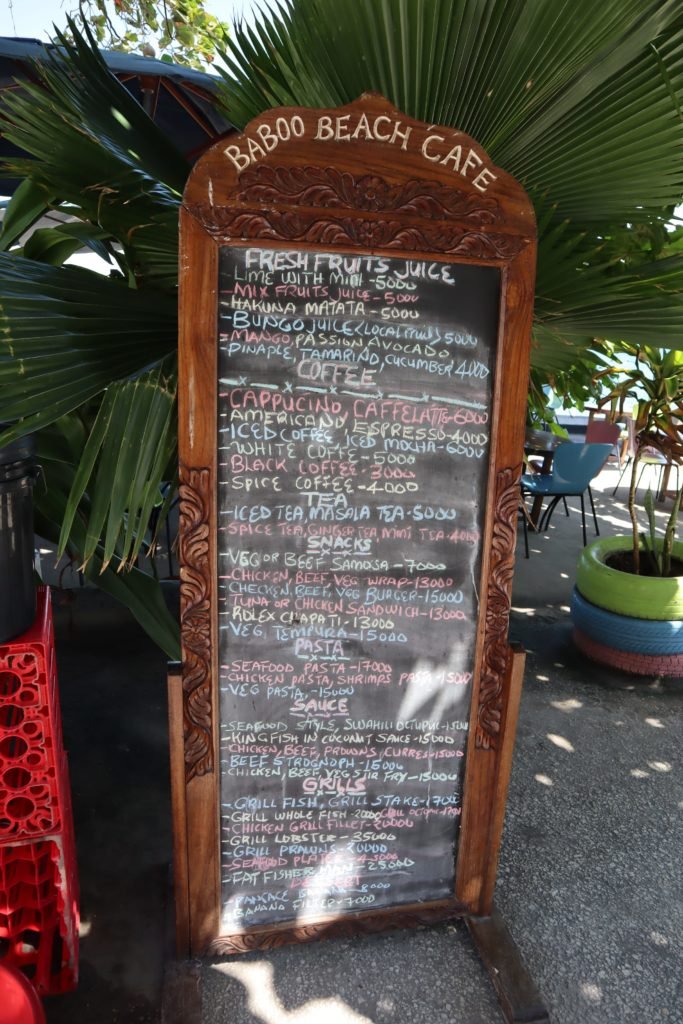 menu baboo cafe zanzibar