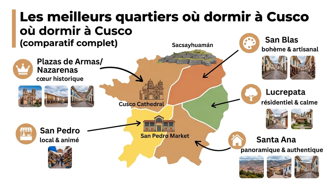 Carte illustrée des principaux quartiers de Cusco (Plaza de Armas, San Blas, San Pedro, Lucrepata, Santa Ana) avec leur localisation relative et leurs caractéristiques principales