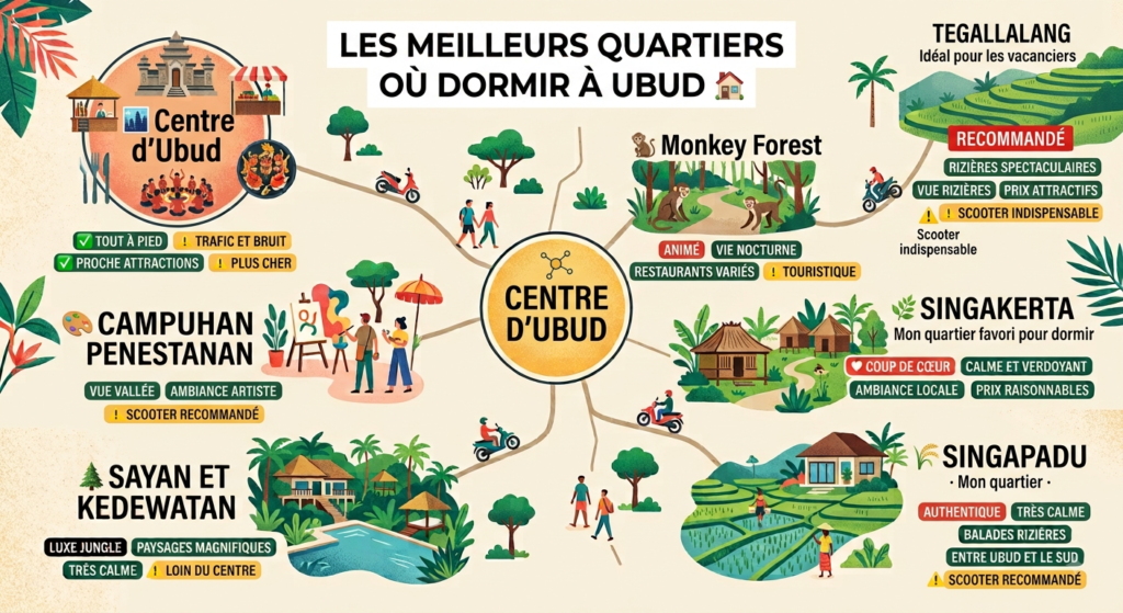 Carte meilleurs quartiers où dormir à Ubud Bali